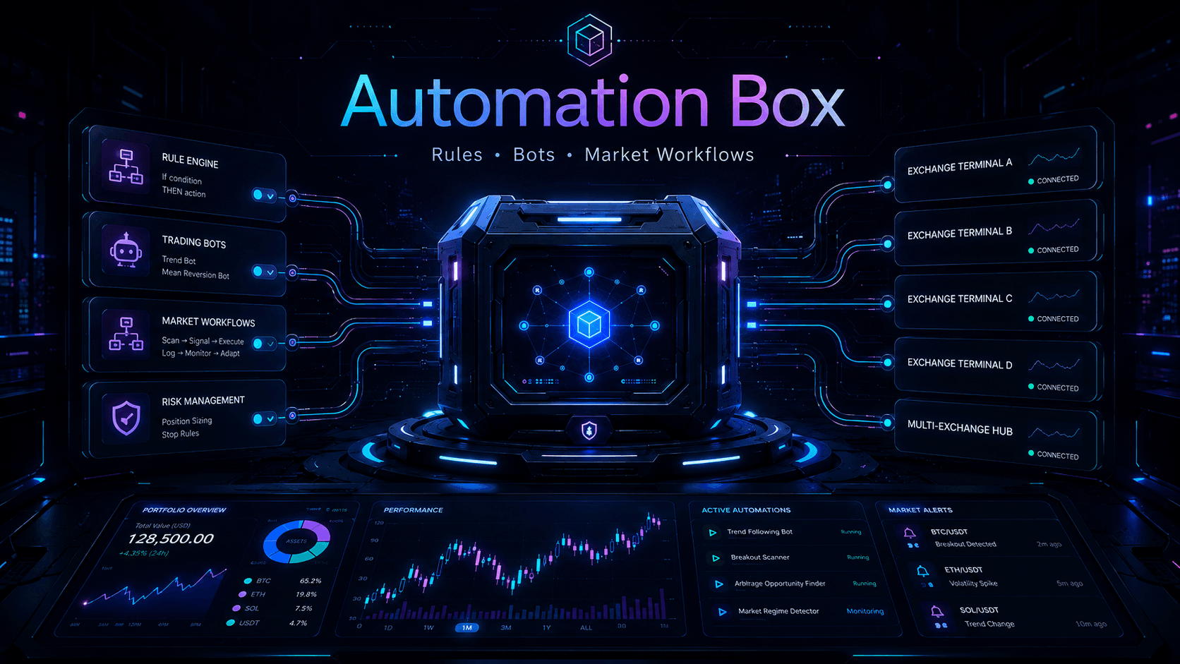 Premium cyberpunk Automation Box hero visual for crypto trading tools
