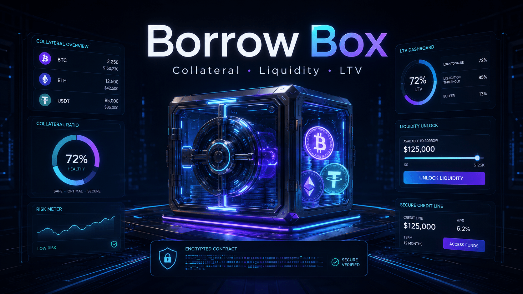 Premium cyberpunk Borrow Box hero visual for crypto-backed liquidity