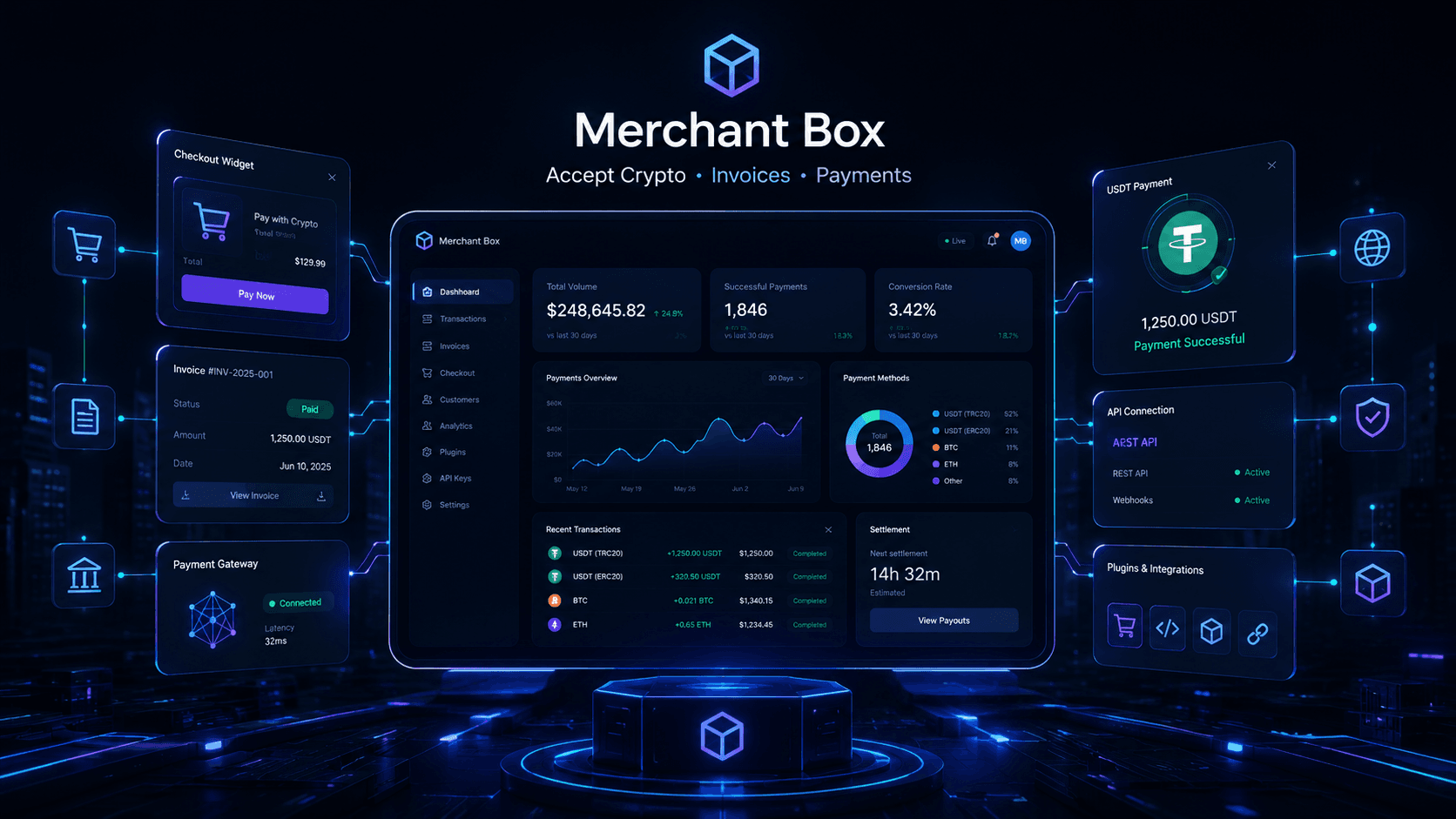 Premium cyberpunk Merchant Box hero visual for crypto payment tools