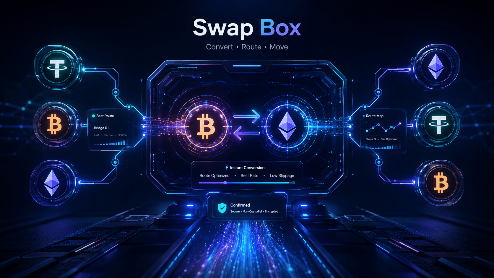 Premium cyberpunk Swap Box hero visual for crypto conversion routes