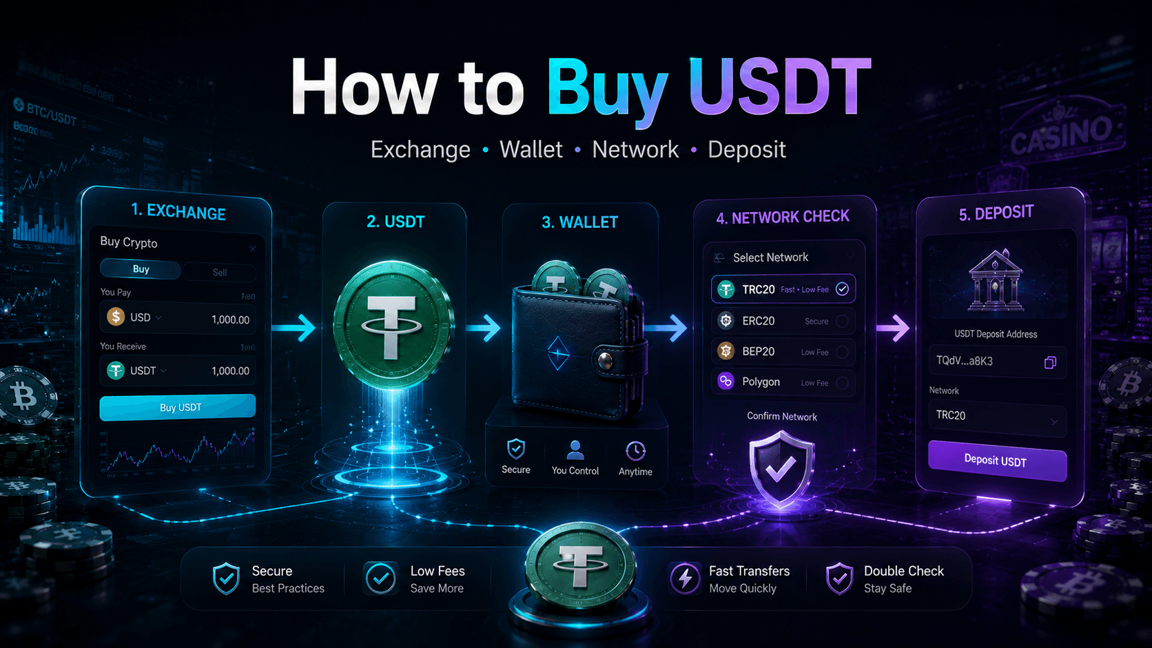 USDT buying flow visual for crypto casino deposits
