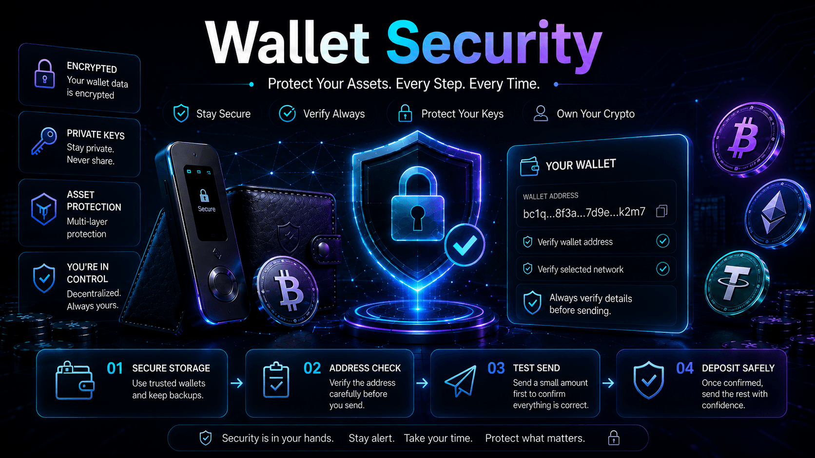 Guida alla sicurezza del wallet crypto: conservazione, verifica indirizzo, invio di prova e depositi piu sicuri