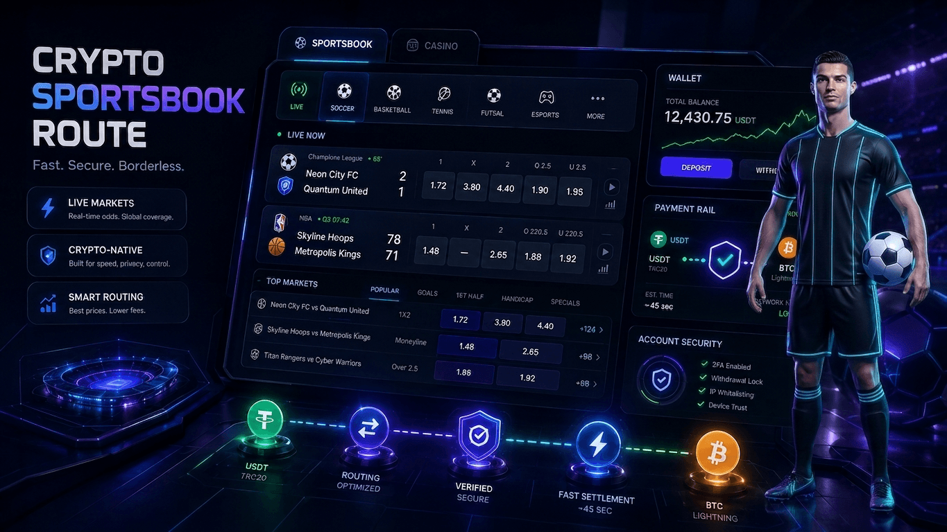 Crypto sportsbook partner artwork with athlete and sportsbook interface
