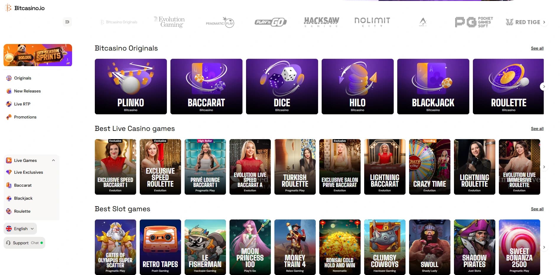 Лобби Bitcasino.io с live casino-столами и категориями игр