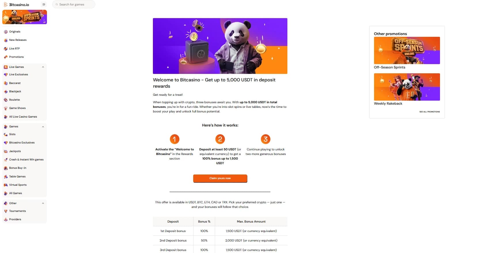 Экран welcome-бонуса Bitcasino.io с до 5 000 USDT на три депозита