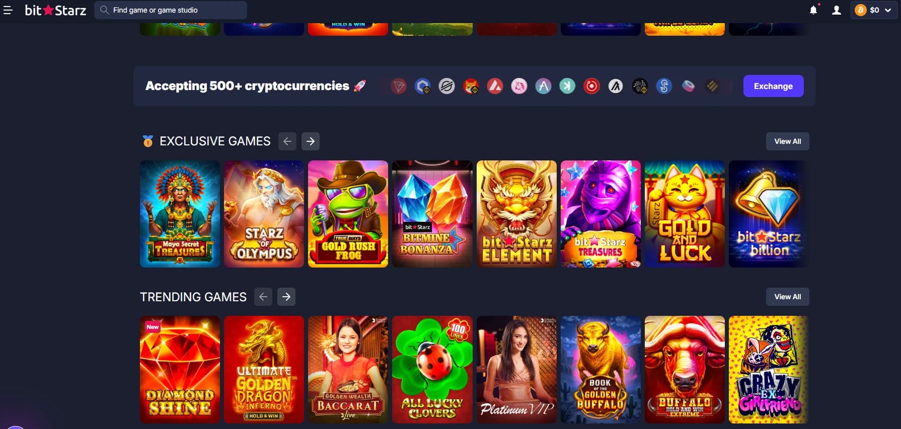 Casino-лобби BitStarz с избранными играми и навигацией по категориям