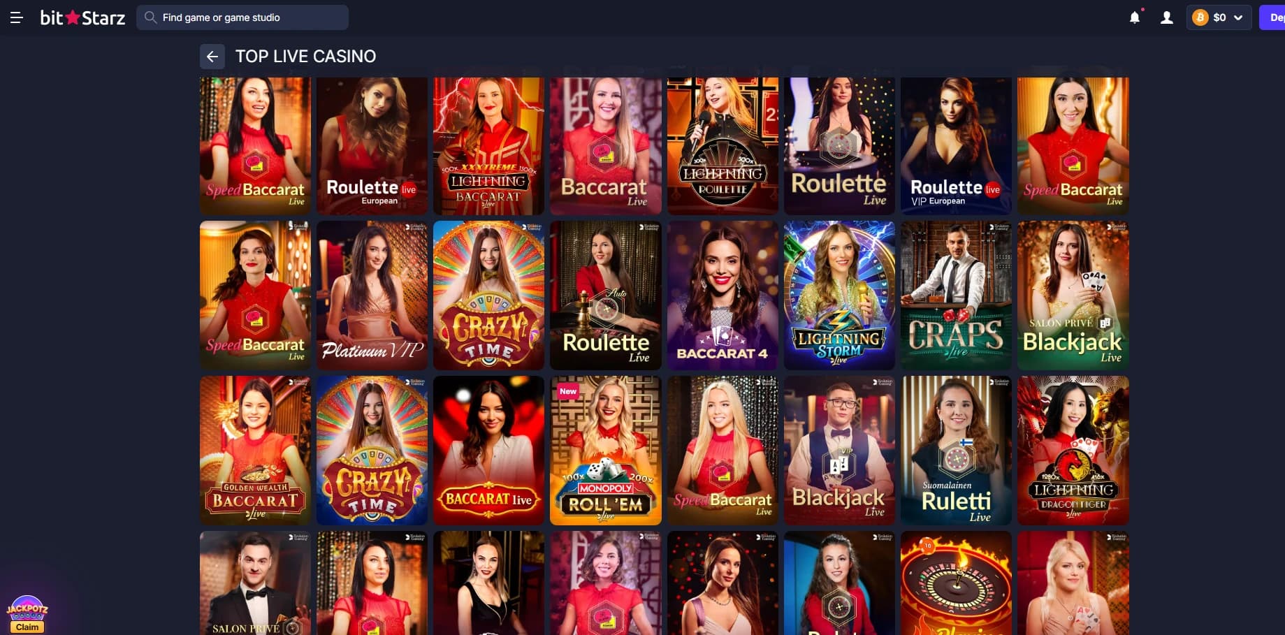 Live casino-лобби BitStarz с настольными играми и live dealer опциями