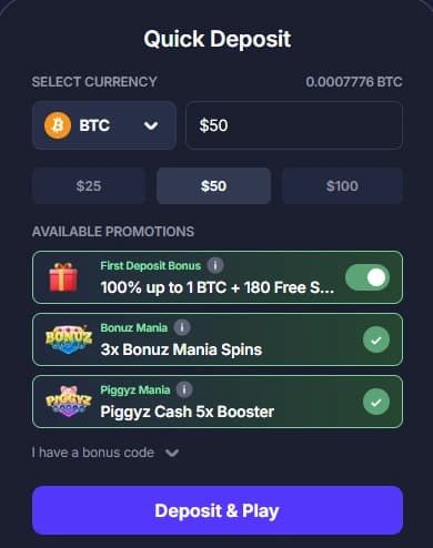 Панель быстрых депозитных промо BitStarz