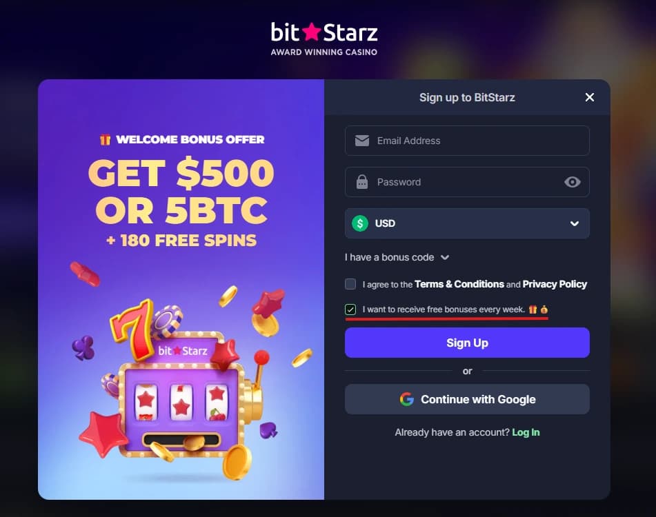Экран welcome-оффера при регистрации на BitStarz