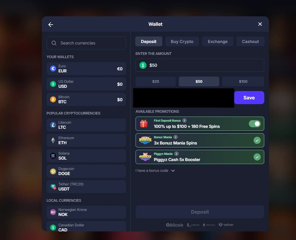 Экран депозита кошелька BitStarz с выбором валюты и промо-опциями