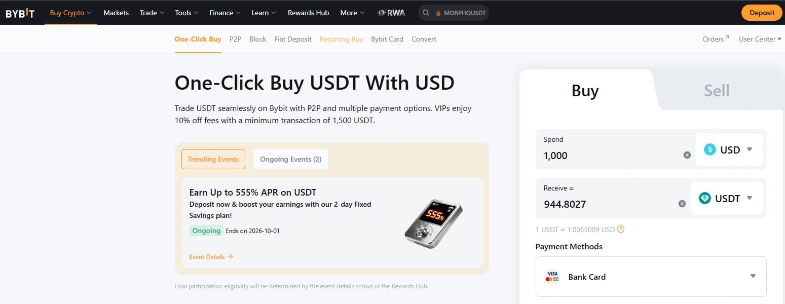 Интерфейс One-Click Buy Bybit для покупки USDT за USD