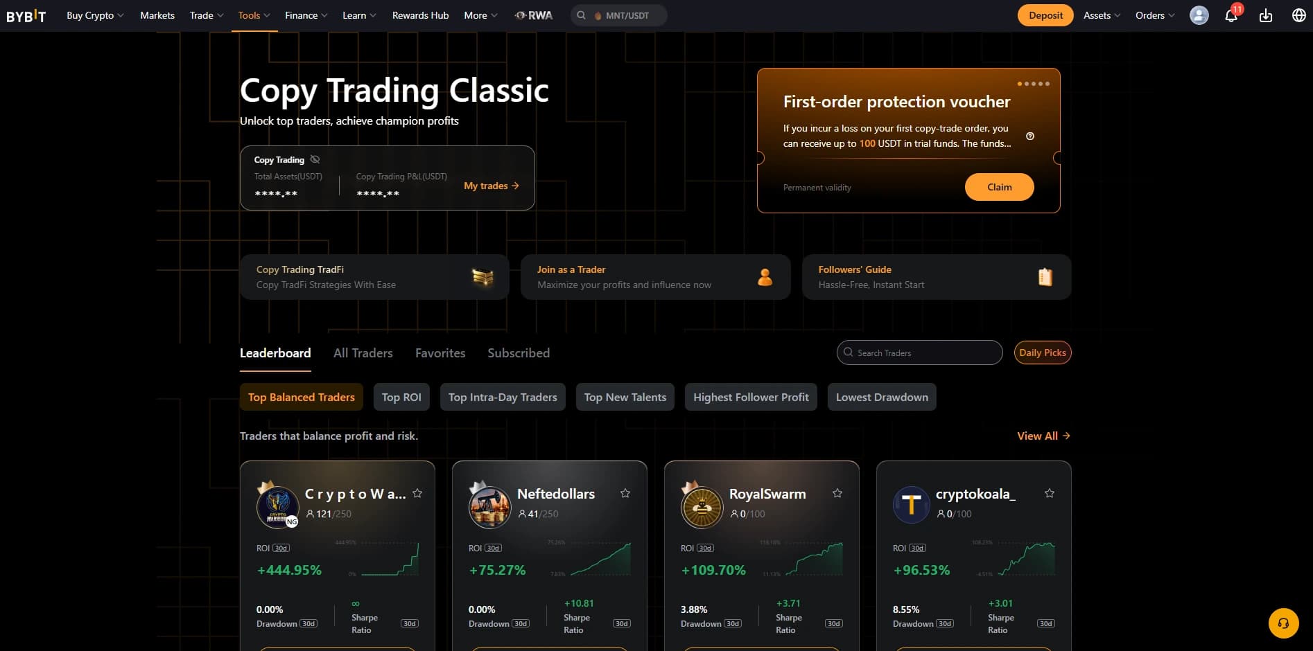 Интерфейс Copy Trading Classic Bybit с рейтингом и выбором трейдеров