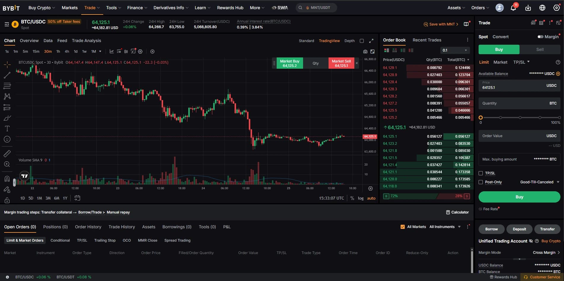 Интерфейс spot-торговли Bybit с графиком BTCUSDC и вводом ордеров