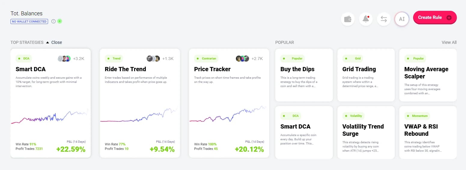 Панель стратегий Coinrule с карточками Smart DCA, тренда, покупки на просадках и grid