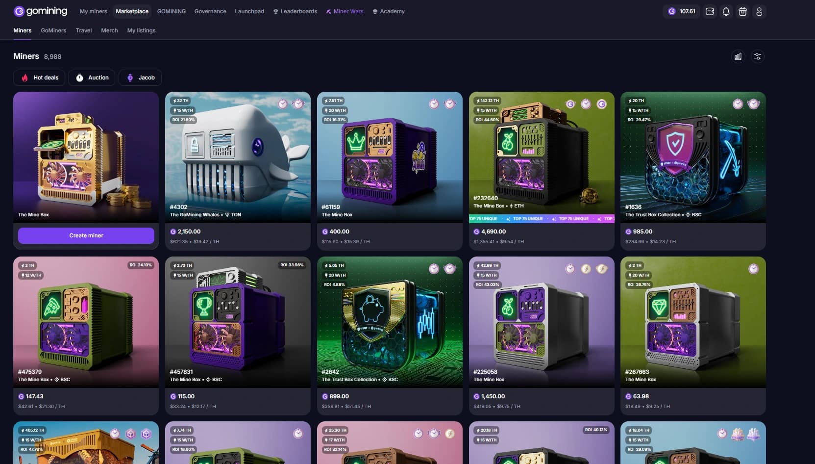 GoMining marketplace with digital miners showing price TH/s and W/TH efficiency