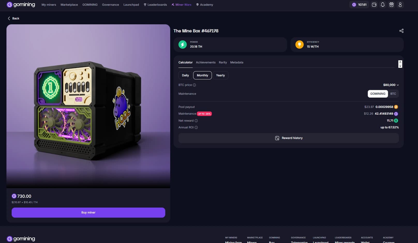 GoMining miner detail calculator with power efficiency maintenance payout and reward estimates
