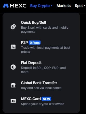 Панель навигации меню Buy Crypto MEXC