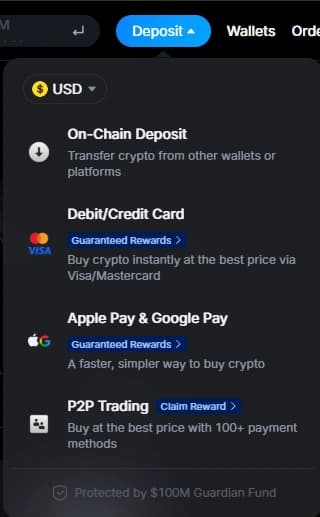Панель навигации меню Deposit MEXC