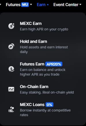 Панель навигации меню Earn MEXC