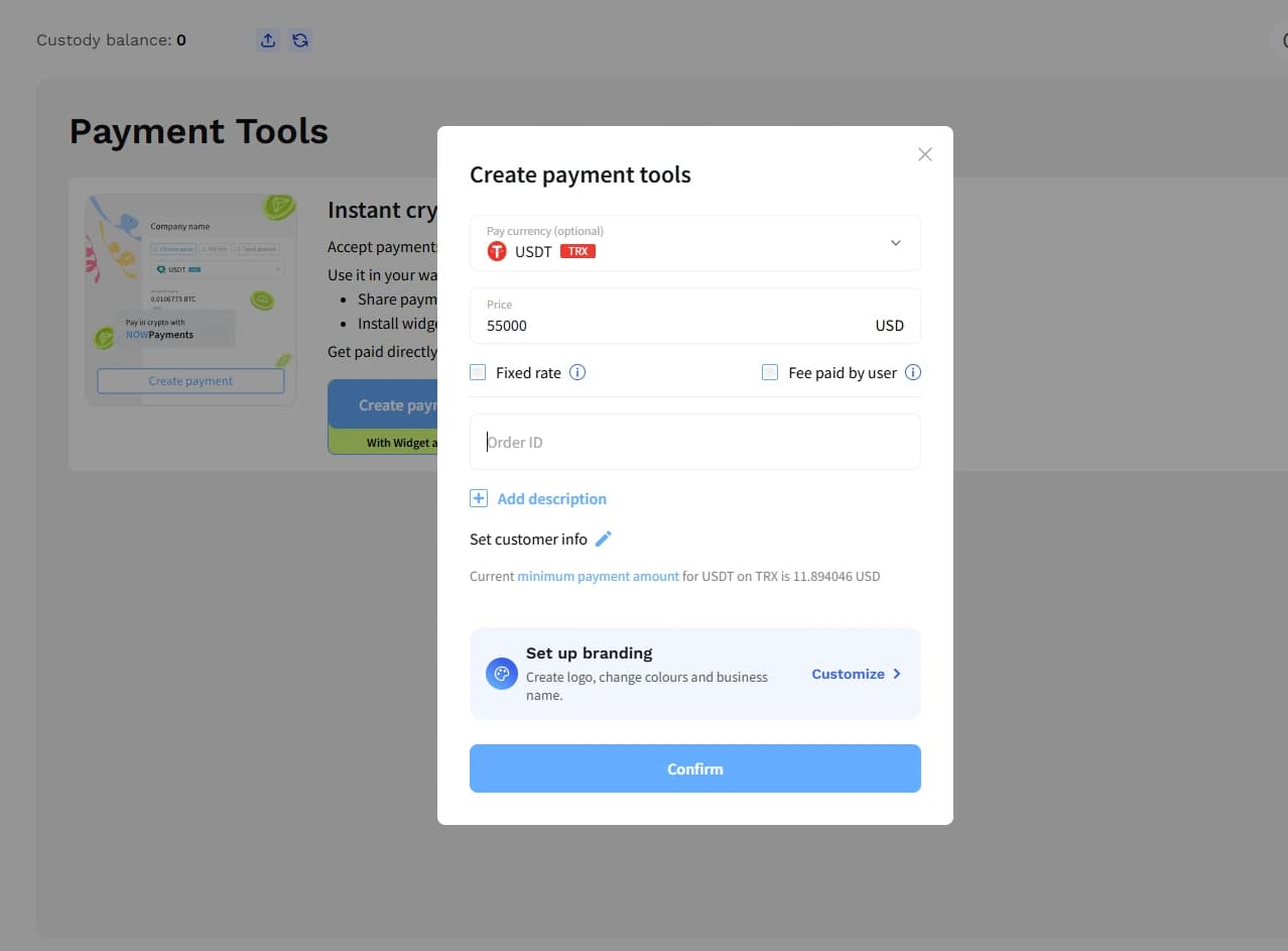 NOWPayments create payment tool with currency price fee order ID and branding settings
