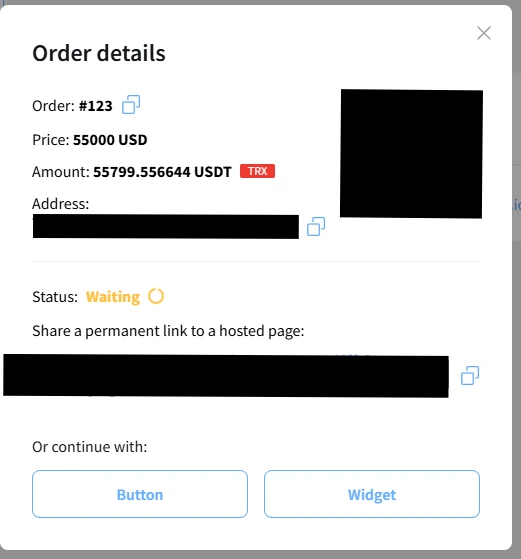 NOWPayments payment order details with USDT TRX amount status and button widget options