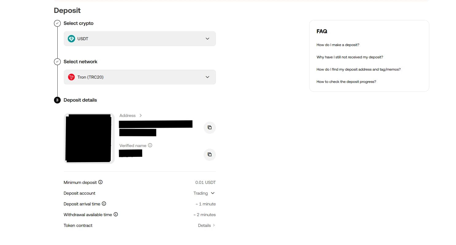 OKX USDT TRC20 deposit screen with network selection and deposit details