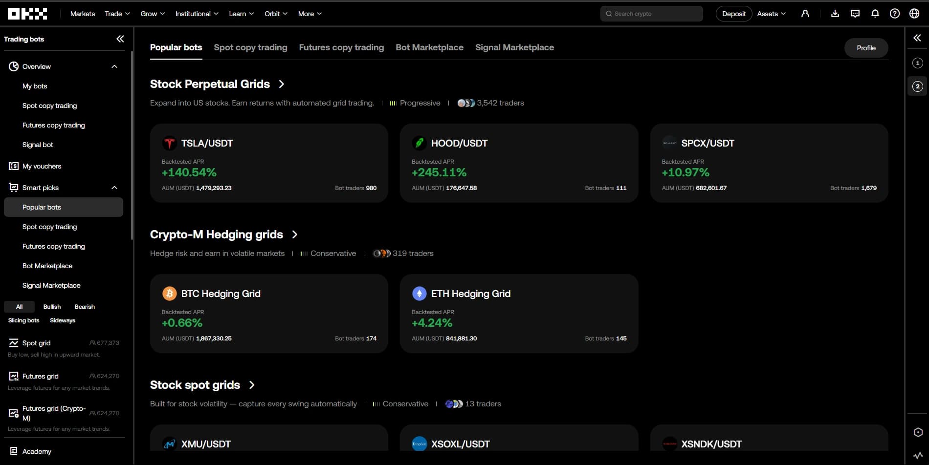 OKX trading bots marketplace with strategy categories and bot listings