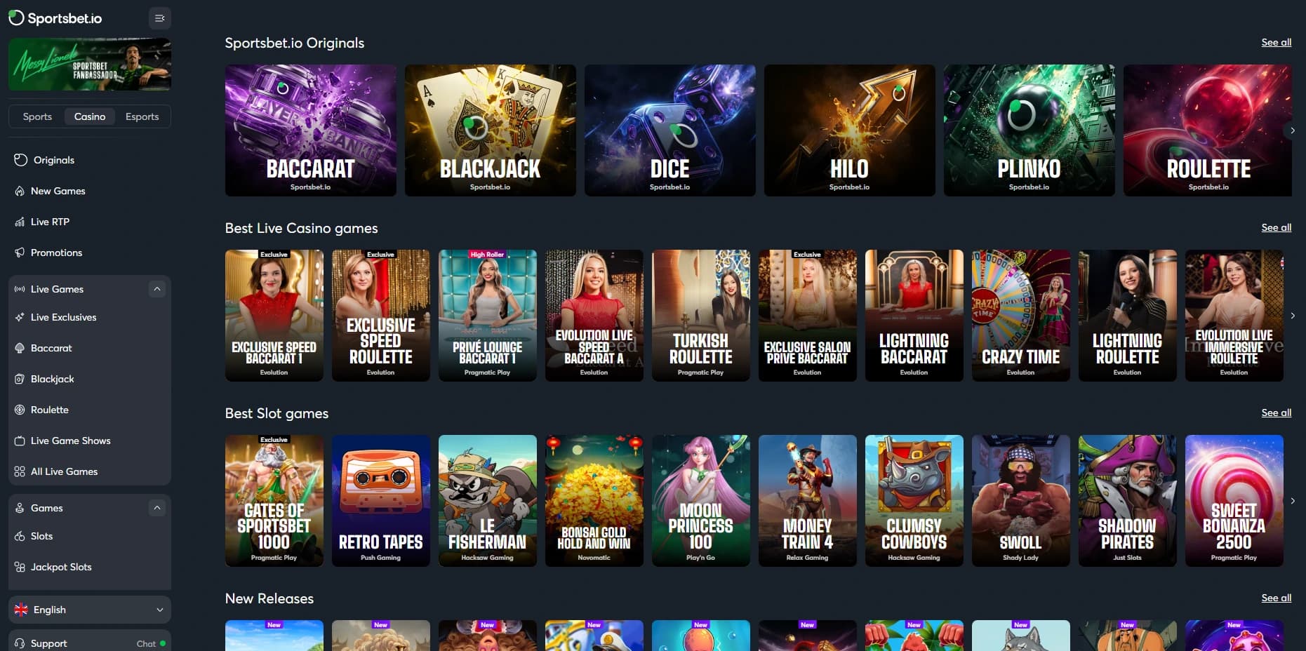 Casino-лобби Sportsbet.io с категориями игр