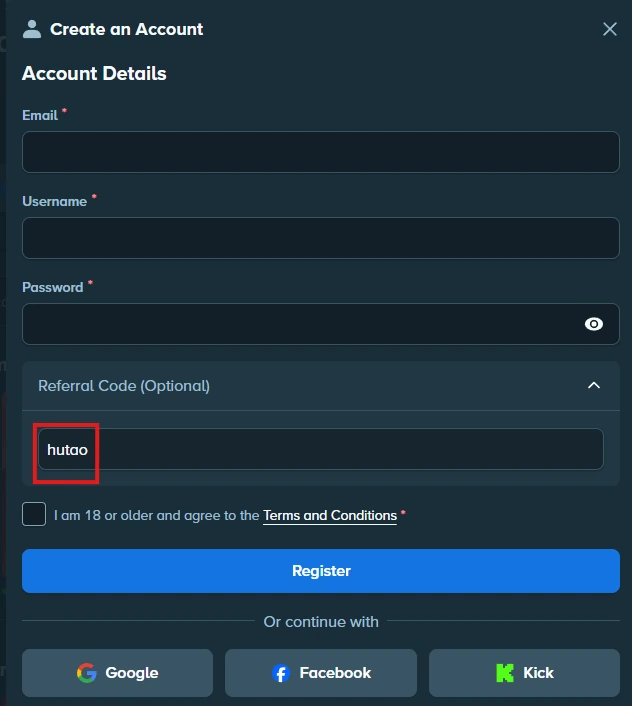 Форма регистрации Stake с видимым полем Referral Code