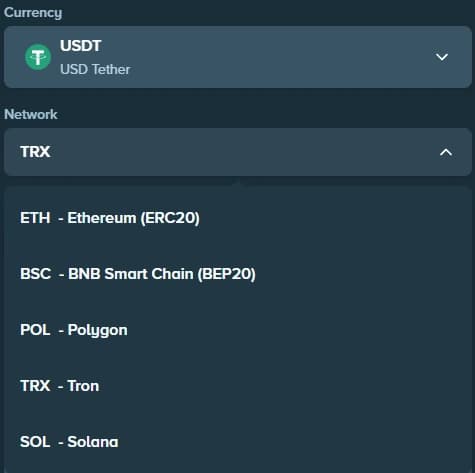 Экран депозита USDT Stake с поддерживаемыми блокчейн-сетями