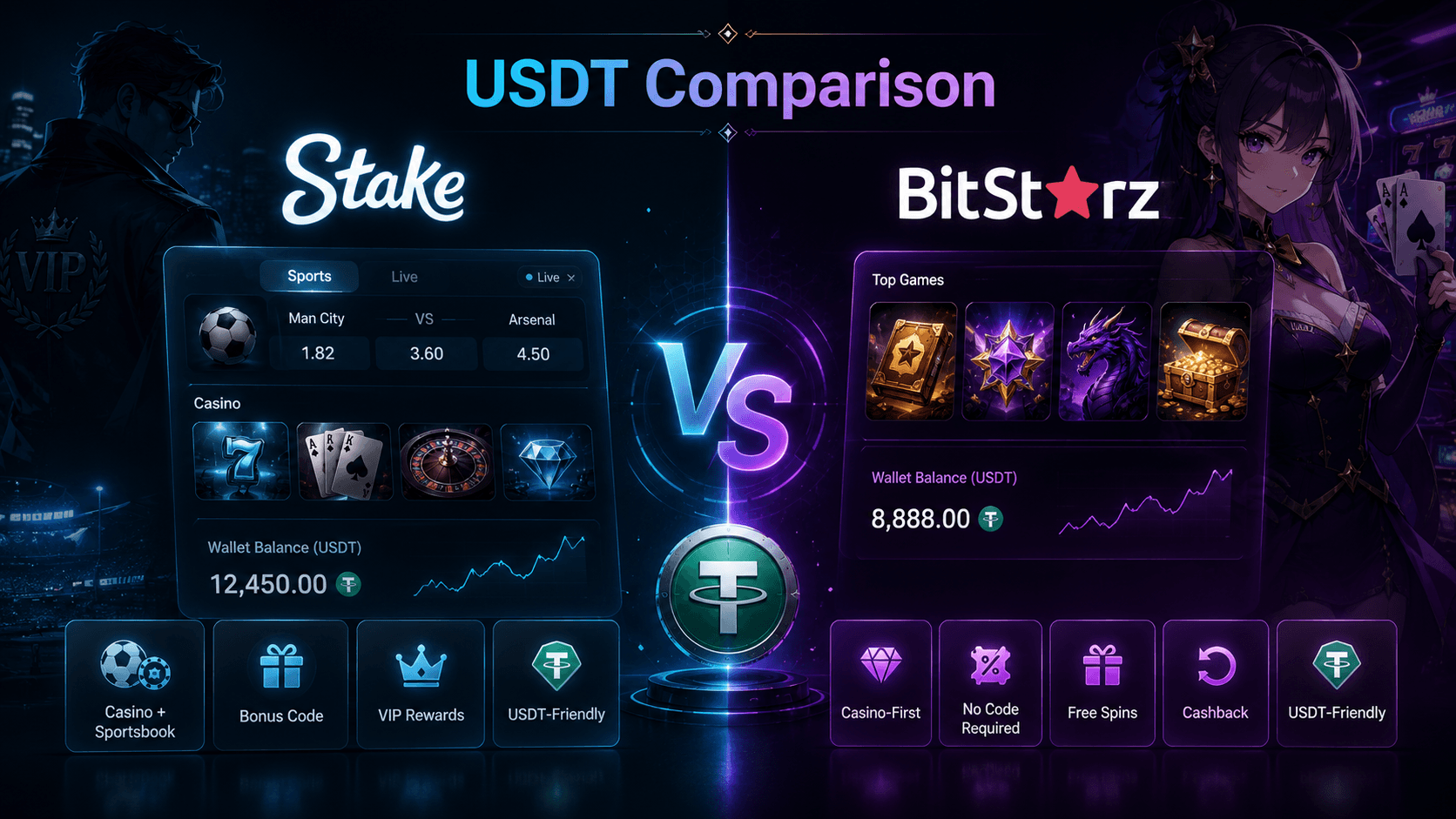 Stake vs BitStarz USDT casino comparison visual