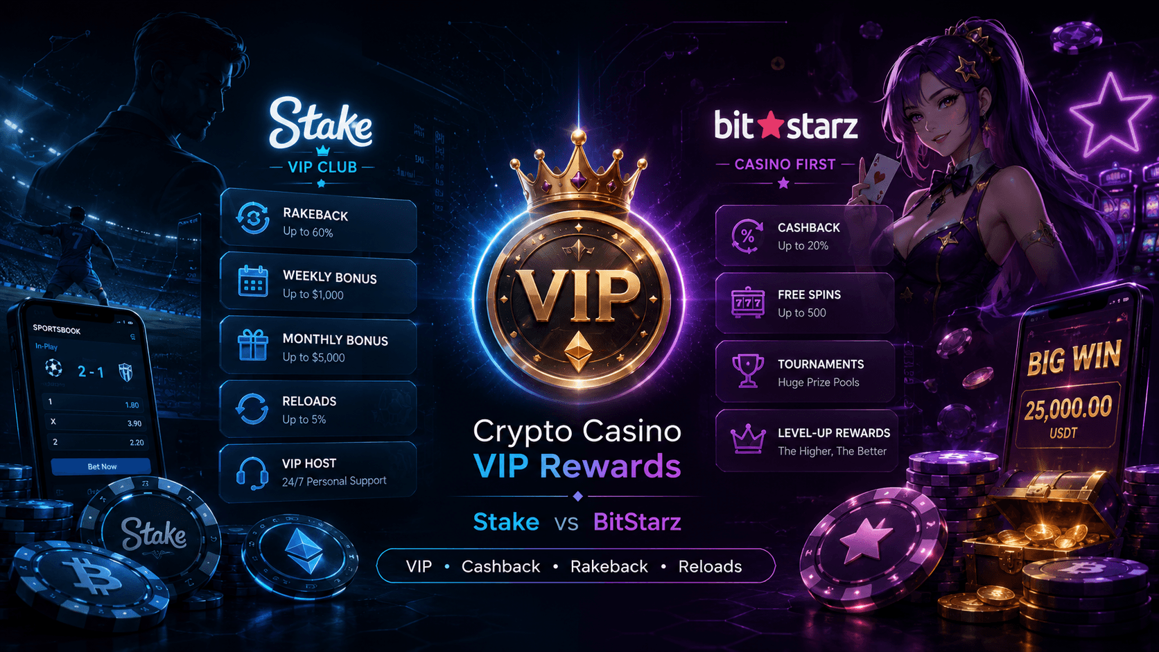 Crypto casino VIP rewards comparison visual