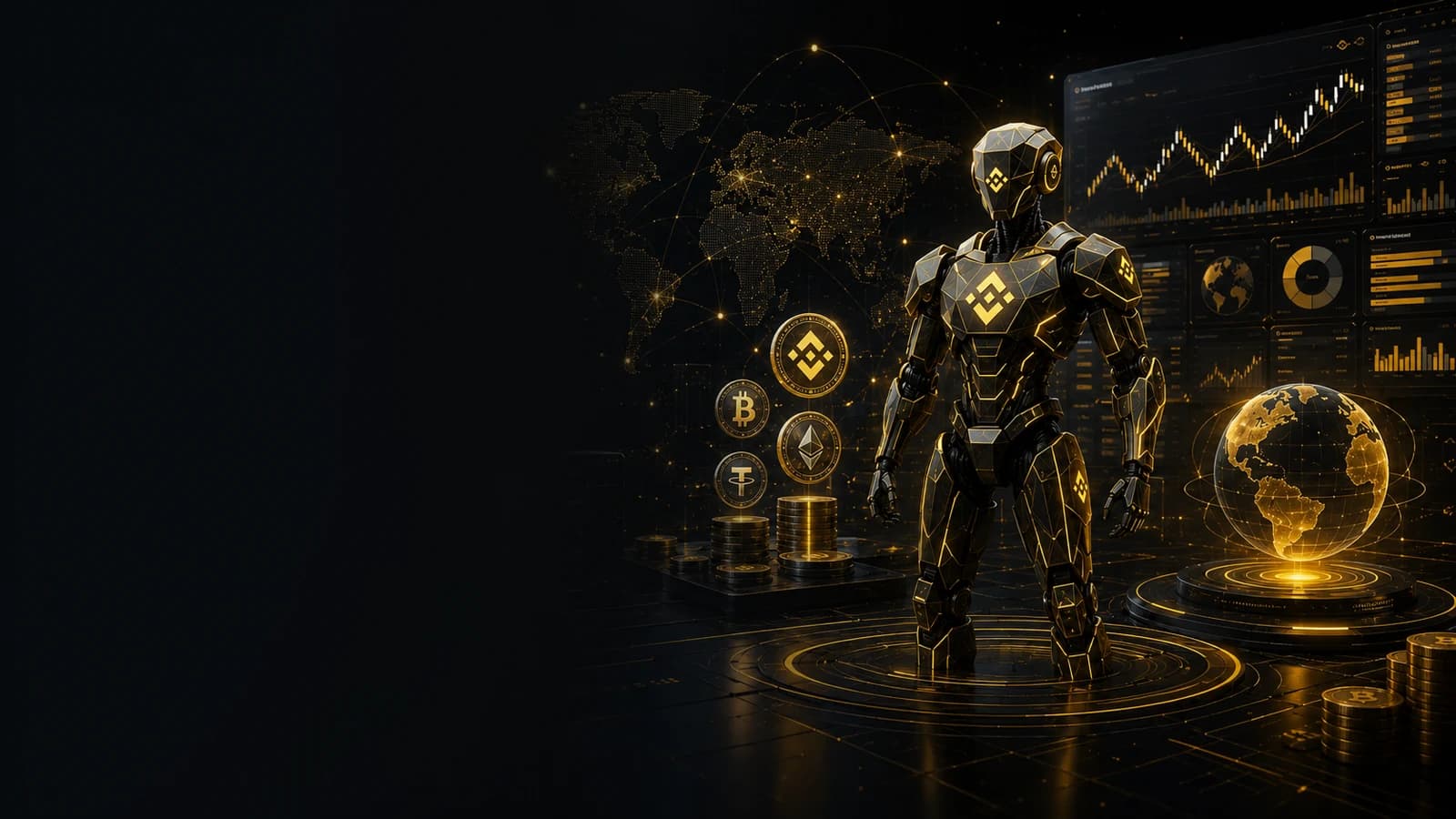 Binance crypto exchange workspace with global markets, trading charts and supported crypto assets