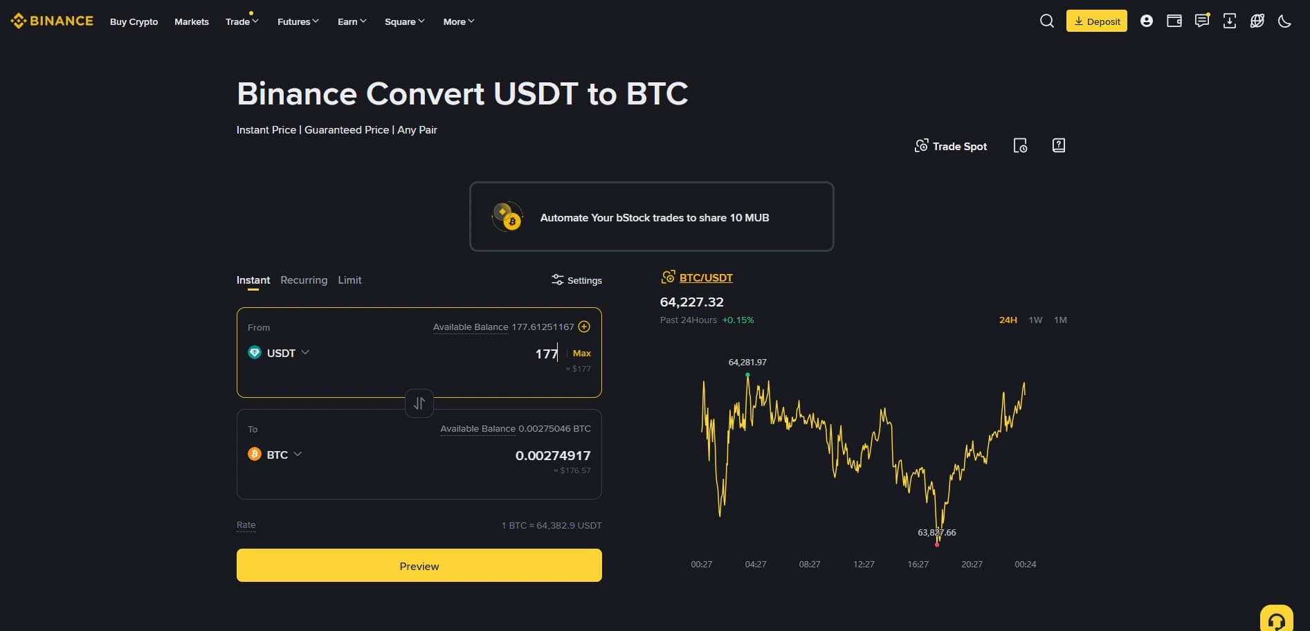Binance Convert screen exchanging USDT to BTC at a quoted price