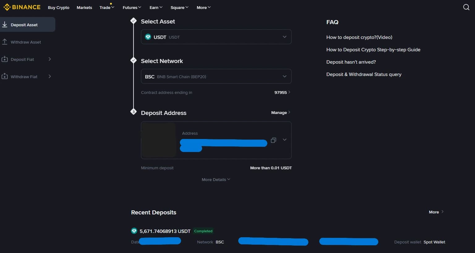 Binance USDT deposit screen on the BSC network with deposit details