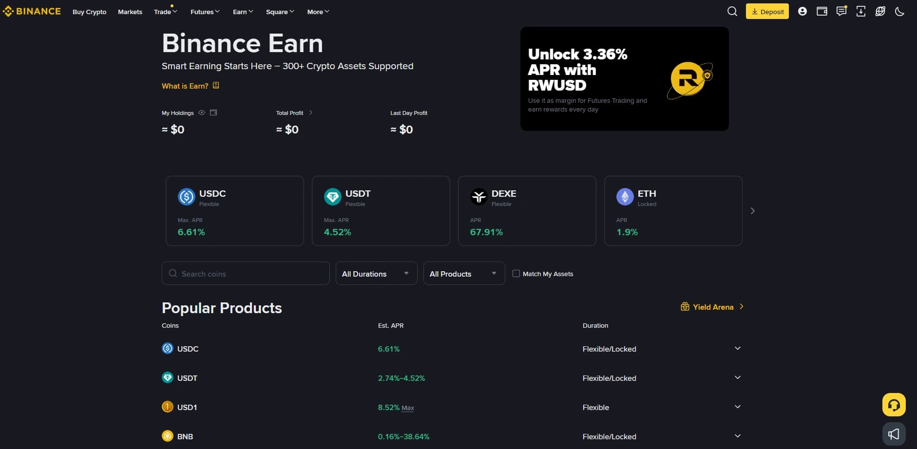 Binance Simple Earn overview with flexible and locked product options