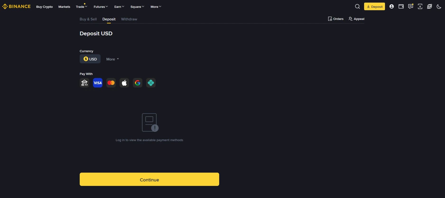 Binance USD fiat deposit screen with funding method options