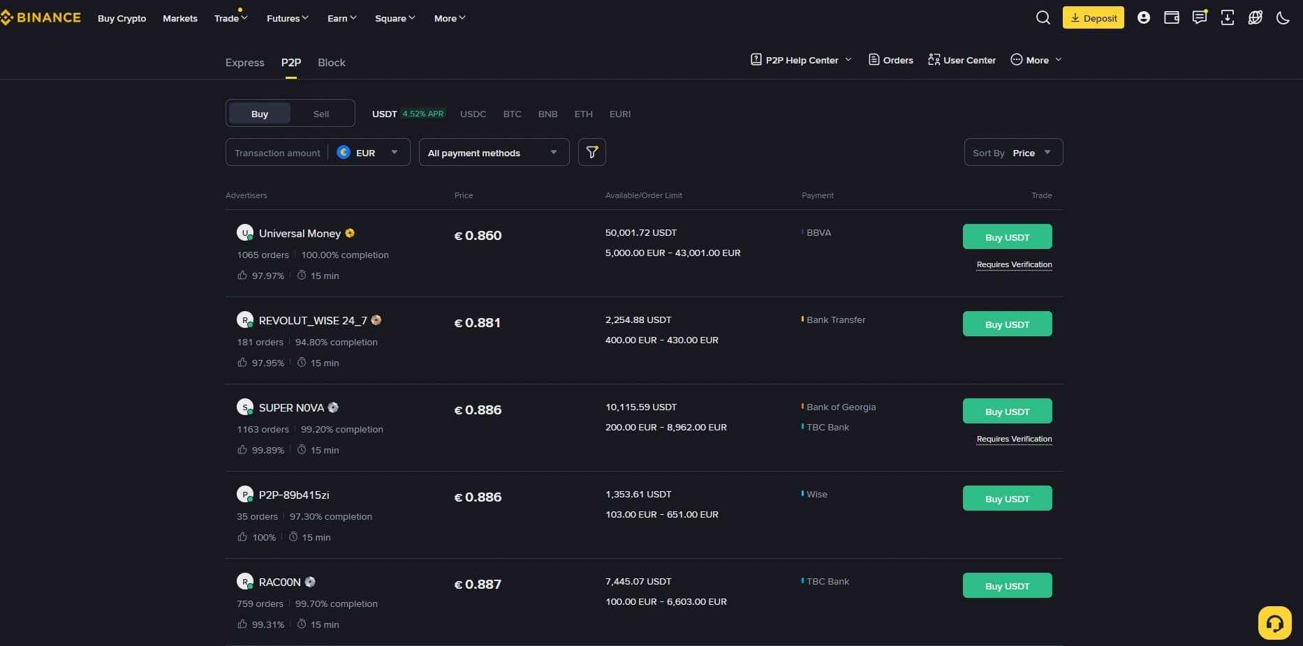 Binance P2P USDT market with advertiser offers and payment methods