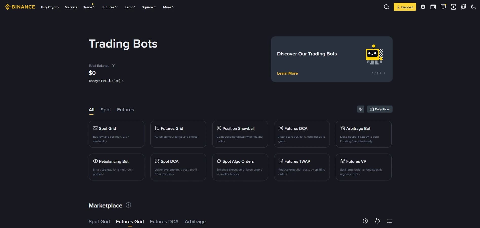 Binance trading bots overview with available bot strategy categories