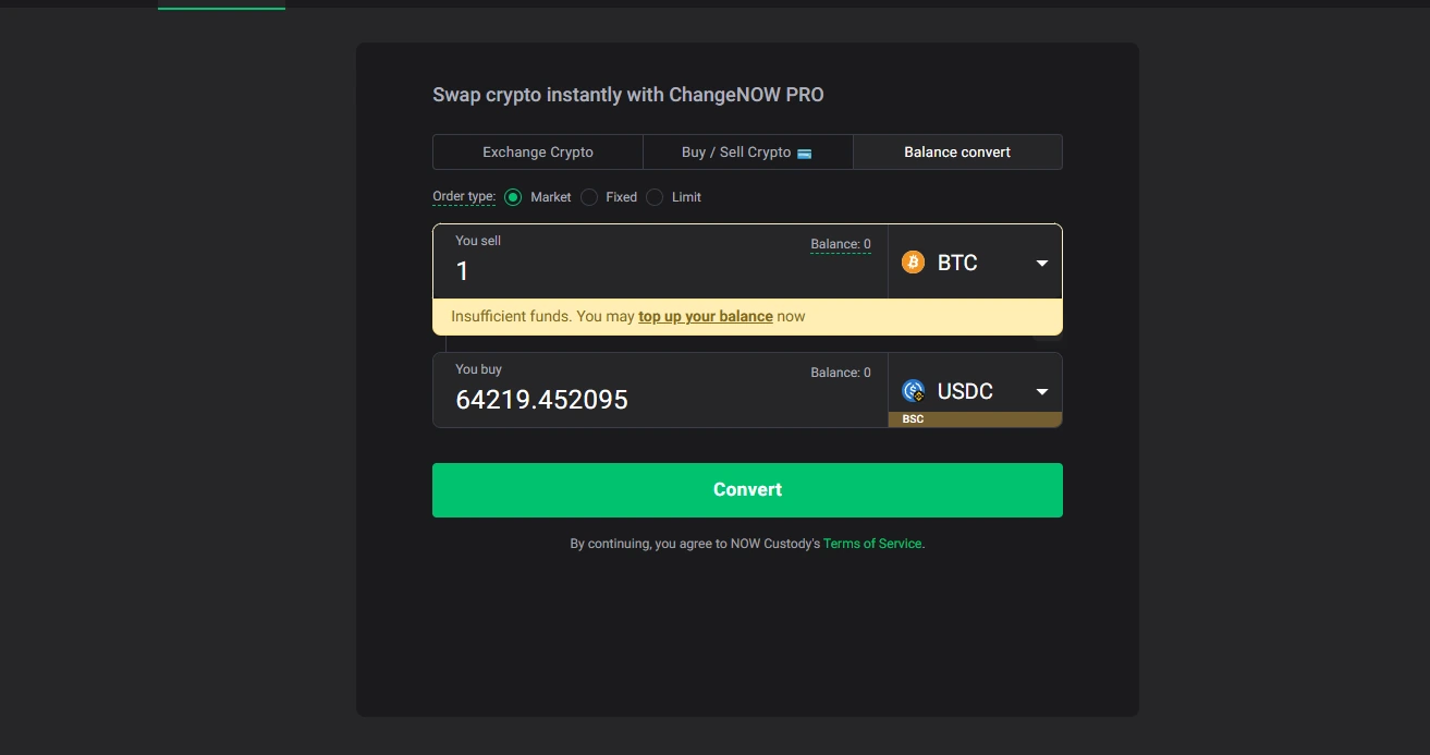 Экран конвертации ChangeNOW Pro со свапом BTC в USDC, выбором сети и режимом Market Fixed Limit