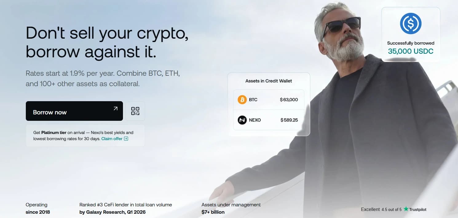 Nexo Borrow landing page for crypto-backed credit line