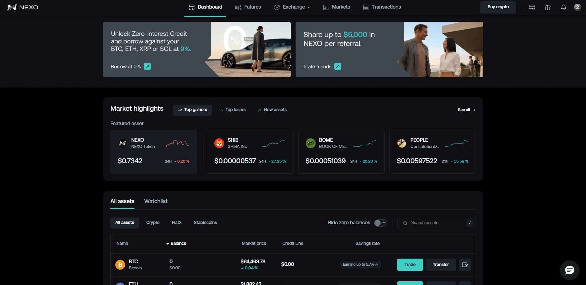 Nexo dashboard showing assets and crypto-backed credit line