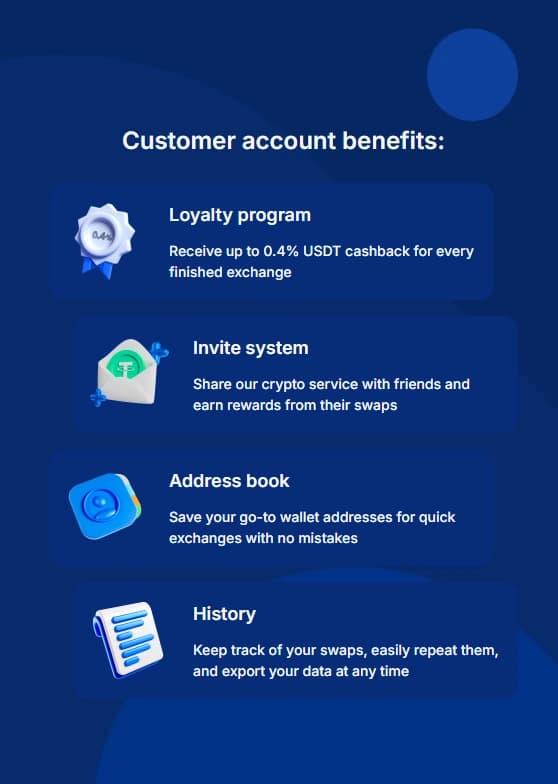 SimpleSwap account benefits panel with Loyalty Invite Address Book and History