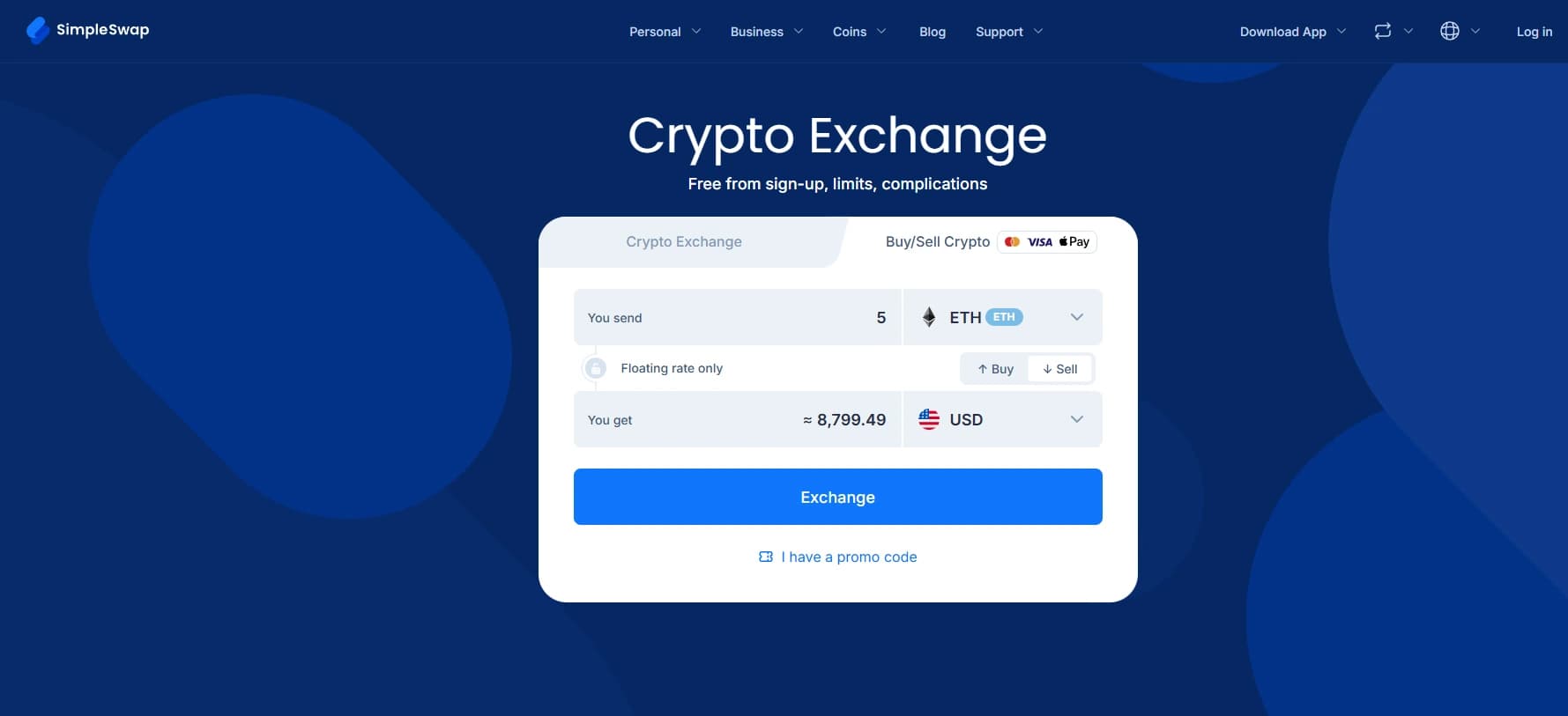 SimpleSwap buy and sell crypto screen with card and Apple Pay options