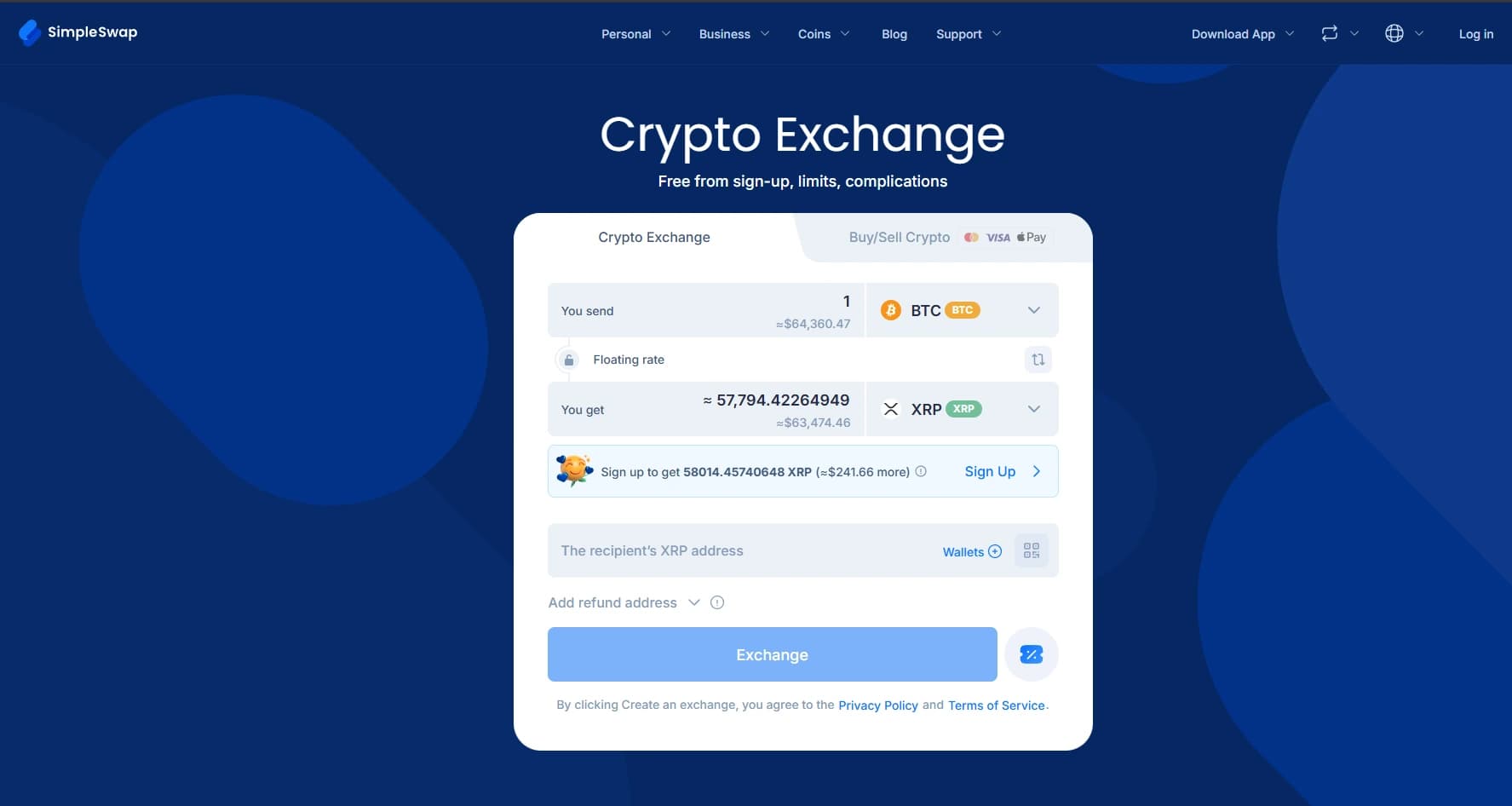 SimpleSwap BTC to XRP swap screen with floating rate estimate and destination address field